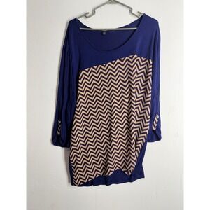 Espresso Royal Blue Chevron Print Roll Tab Sleeve Tunic Top 2X Plus Size